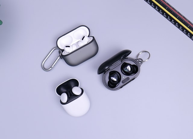 True wireless earbuds in their case